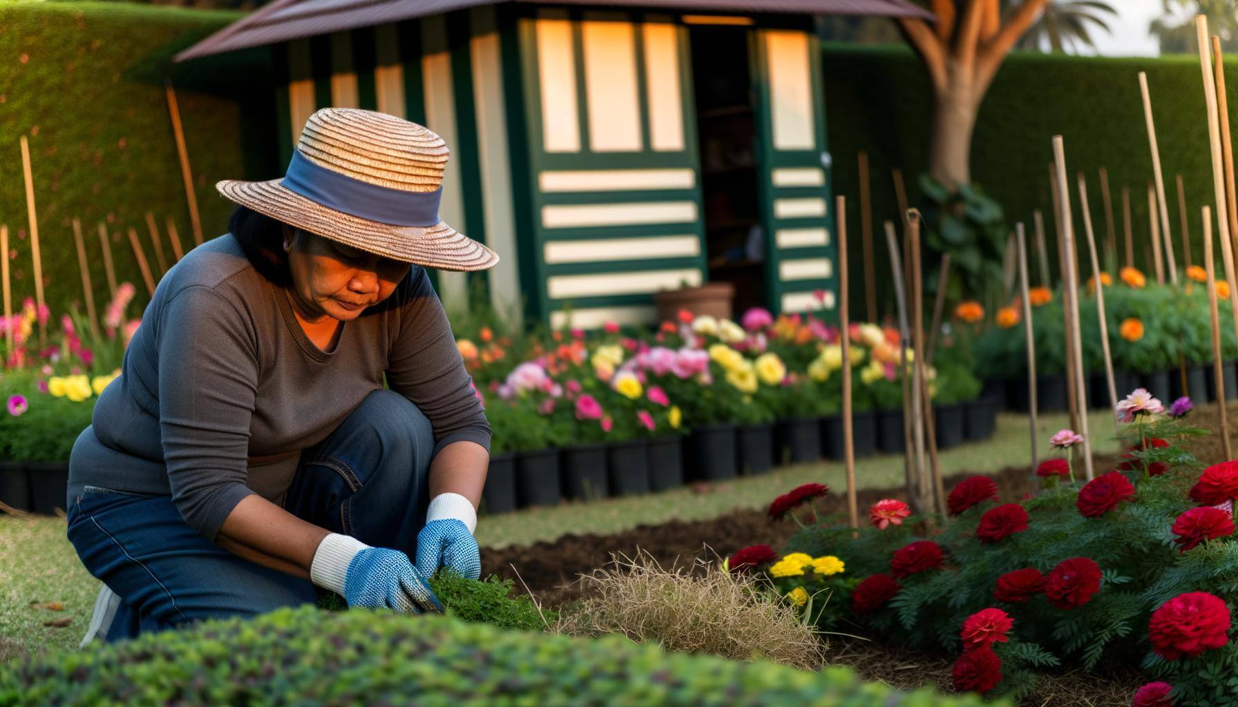 Someone pulling weeds out of a flower garden